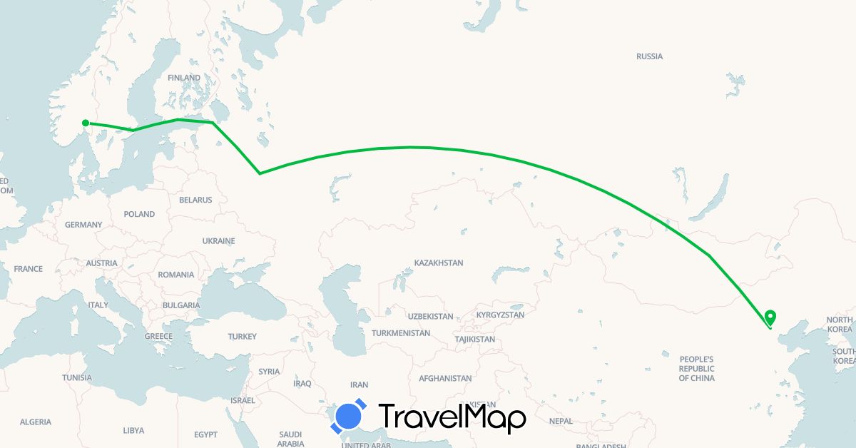 TravelMap itinerary: driving, bus in China, Finland, Mongolia, Norway, Russia, Sweden (Asia, Europe)